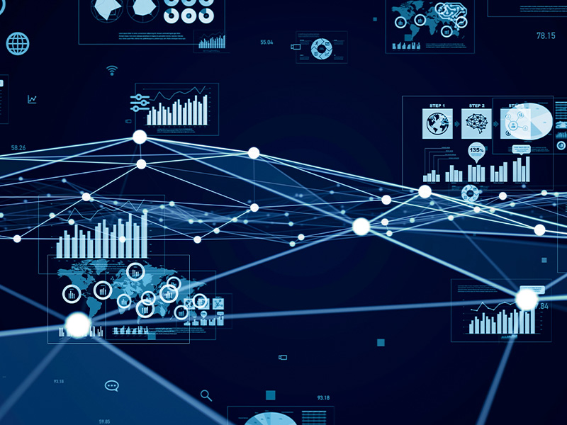 Digital network of connected data points and graphs, symbolising how AMR energy meters and BMS audits provide accurate insights for energy management.