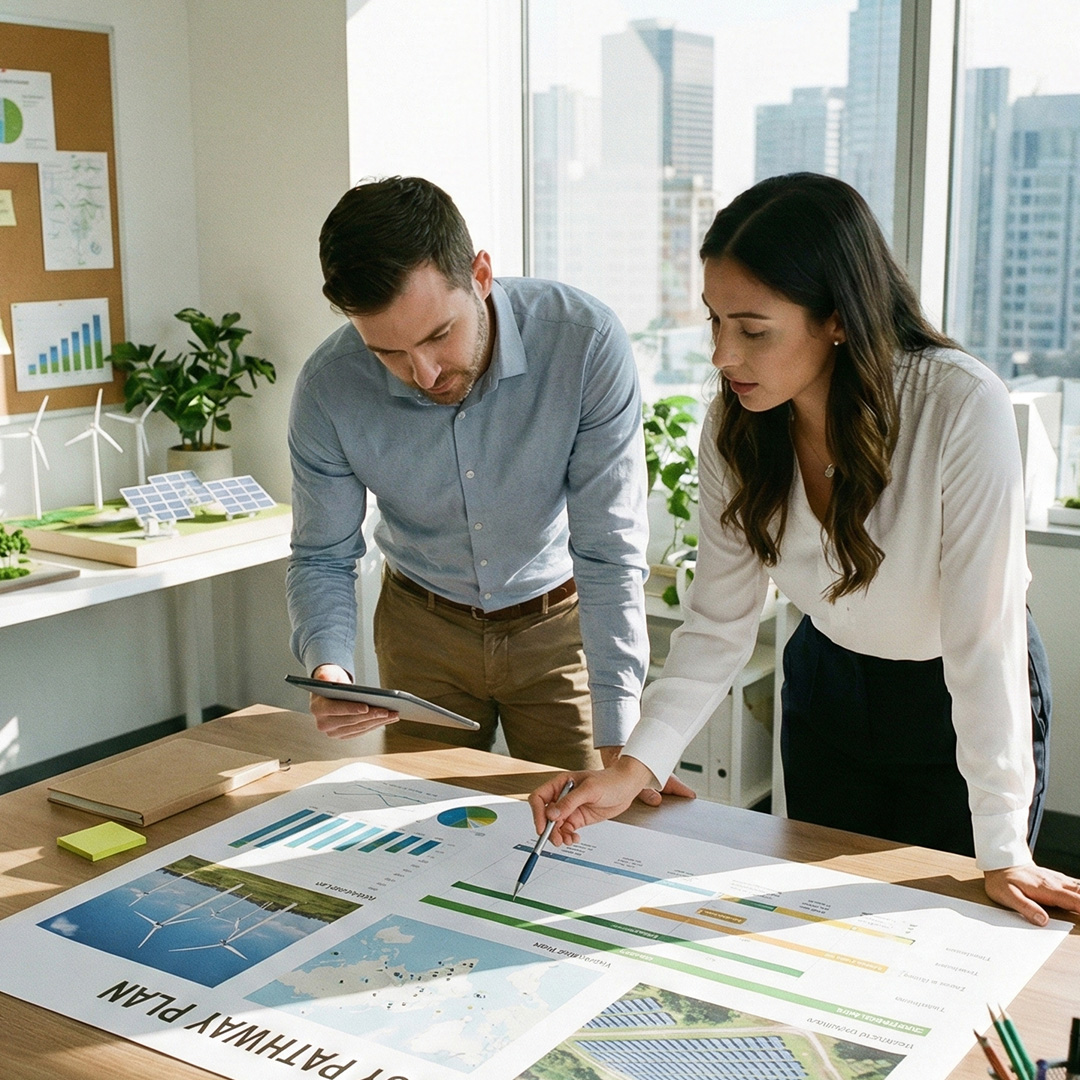 Two professionals reviewing charts and project plans in an office while evaluating commercial renewable energy contracts for a long term energy strategy.