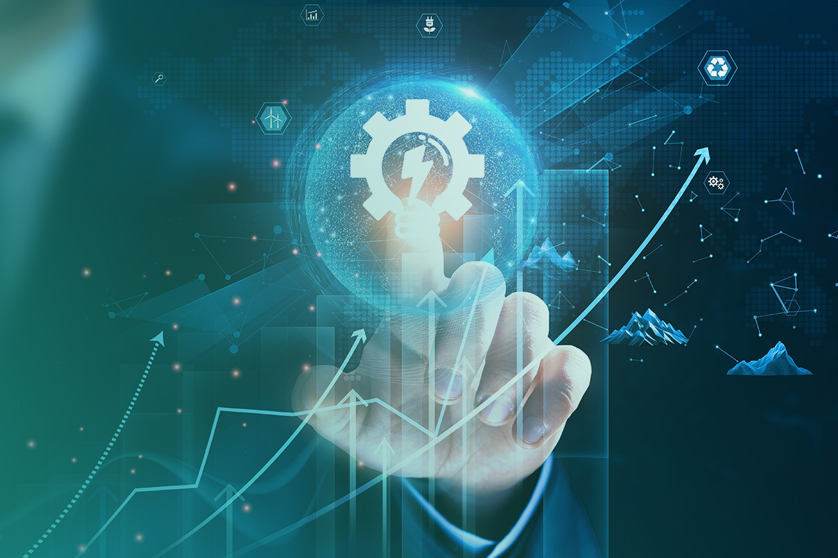“Digital interface showing graphs, data visualisation, and a glowing cog icon representing Energy Analytics and performance optimisation.”