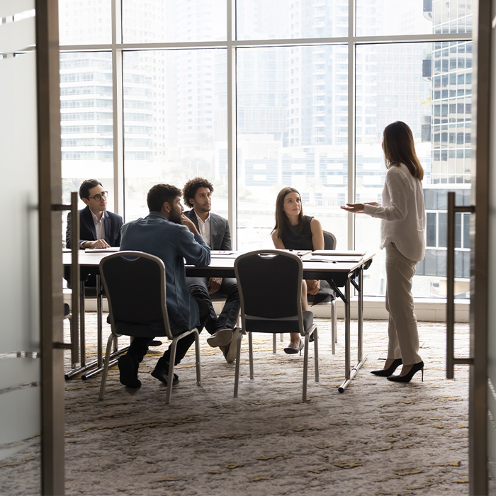 A professional presents Energy audit findings to a team during a boardroom meeting.