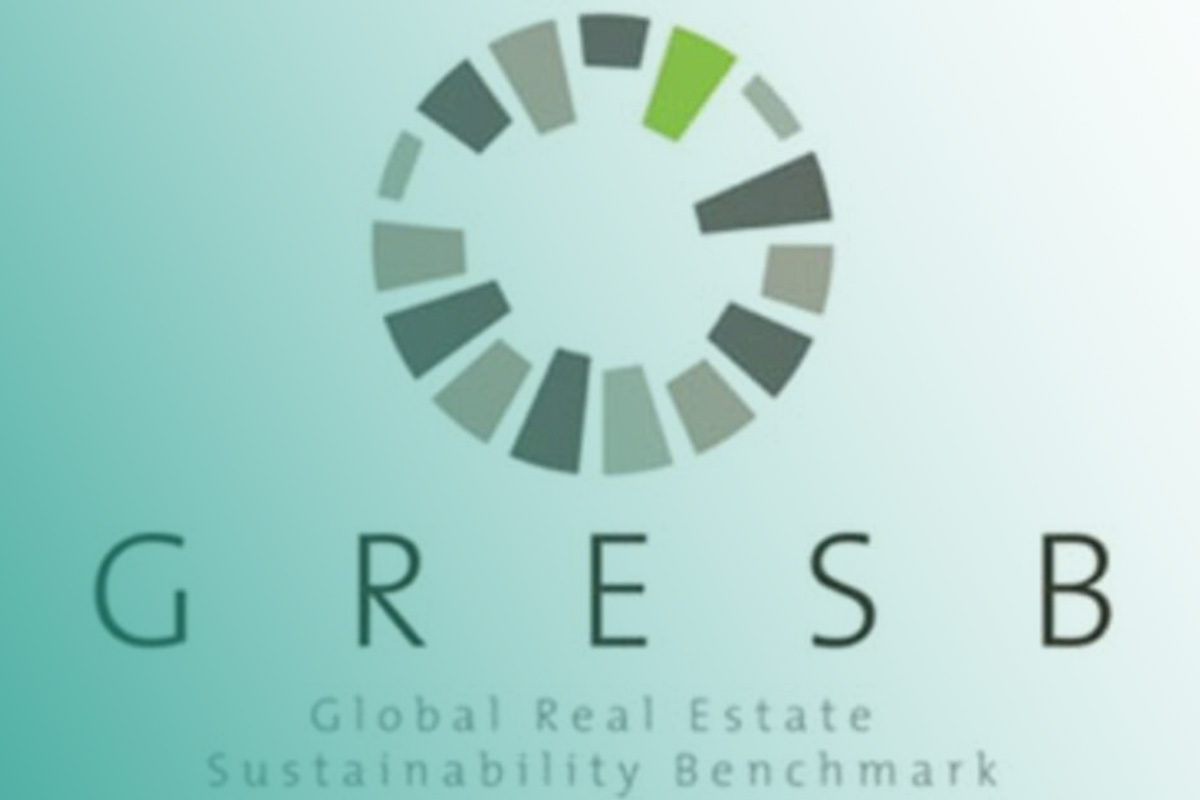“GRESB (Global Real Estate Sustainability Benchmark) logo featuring a circular segmented design in green and grey tones on a soft gradient background.”