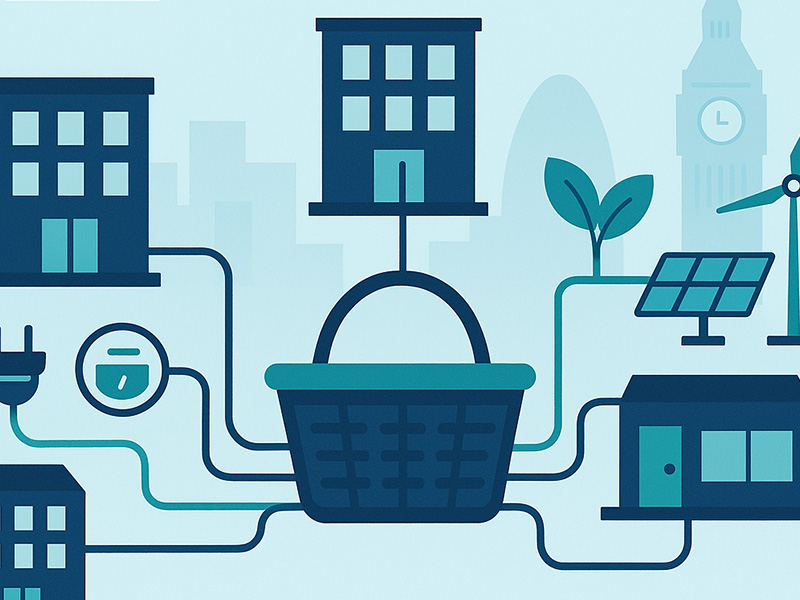 Illustration of buildings, renewable energy icons, and a central basket symbol, representing the concept of basket energy procurement for businesses.