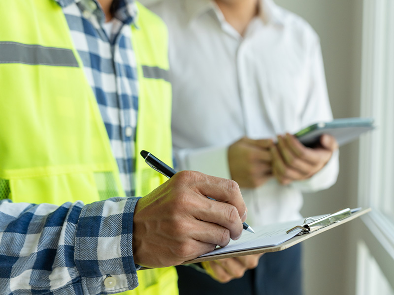 Engineer in a safety vest writing on a clipboard alongside a colleague, representing a detailed service breakdown for AMR energy meters and BMS audits.