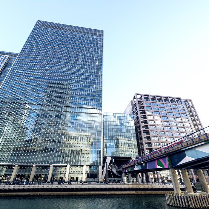 Modern commercial buildings with glazed façades; ideal candidates for AMR metering services for commercial energy monitoring.