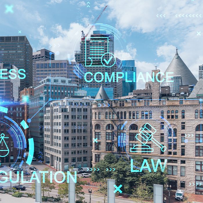 Urban skyline overlaid with digital icons representing compliance, regulation, and law — highlighting EPC requirements for buildings.
