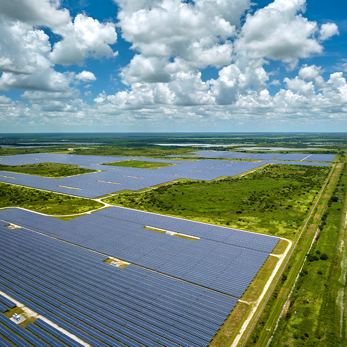 Aerial view of an expansive solar farm with rows of solar panels, supporting the renewable efforts of business electricity providers.