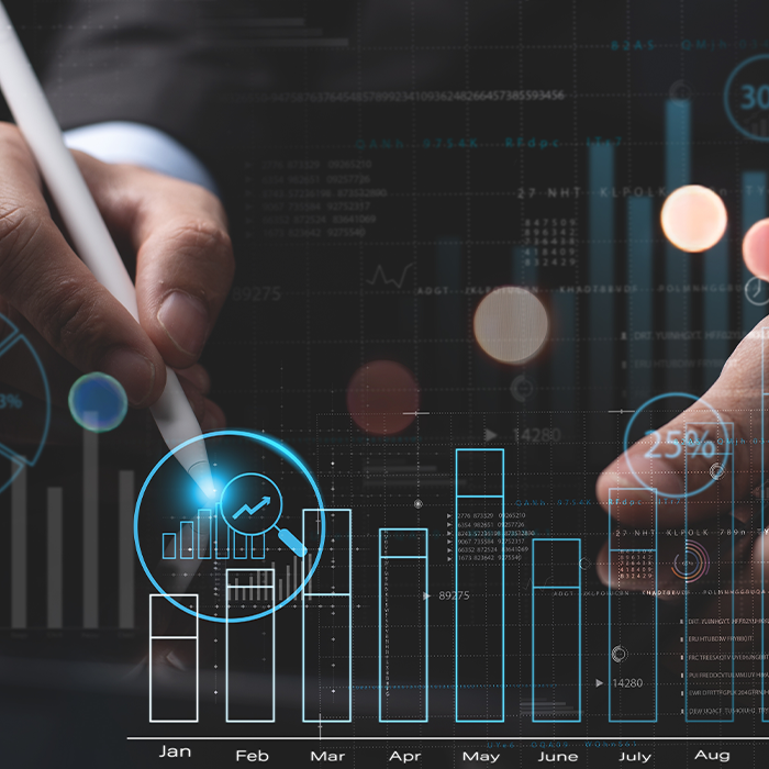 Hands interacting with a digital bar chart interface, highlighting energy performance insights linked to ESOS reporting.