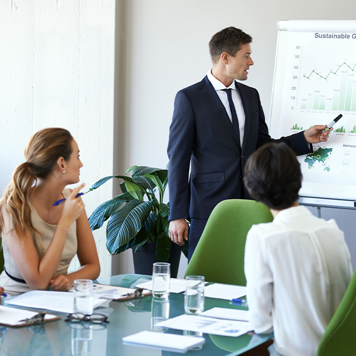 Business professional presenting SECR strategy and sustainability data to a team in a boardroom setting.