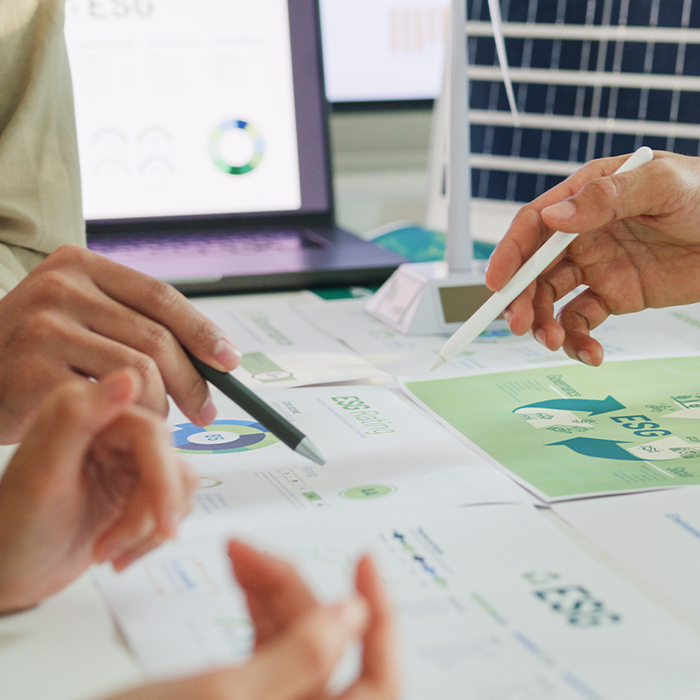 Team reviewing sustainability reports and carbon data as part of SECR compliance discussions.