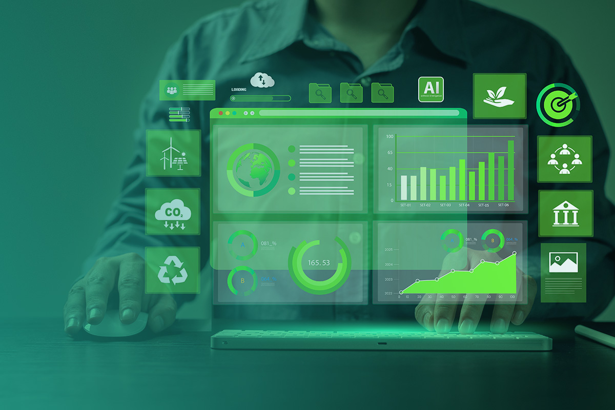 “A person analysing sustainability dashboards and energy performance data on a computer screen, representing Fixed vs Flexible Energy Procurement decisions.”