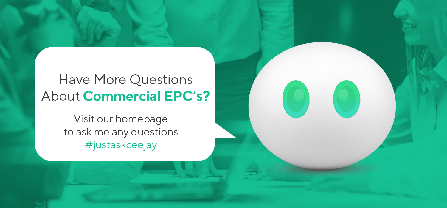 Chatbot promoting support for Commercial EPC queries with #justaskceejay branding.