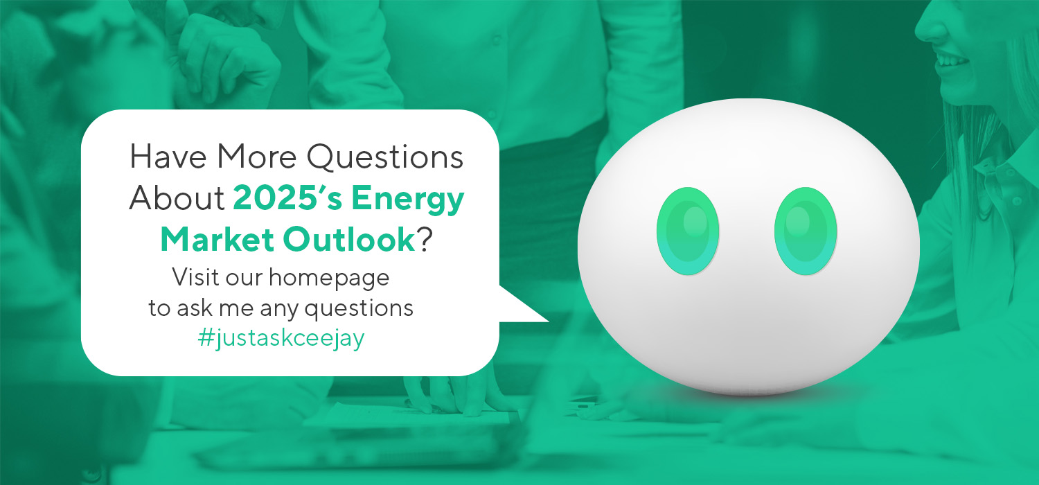 Graphic featuring Inteb’s AI assistant CeeJay alongside text inviting viewers to ask questions about the energy market 2025 outlook, encouraging interaction via #justaskceejay.