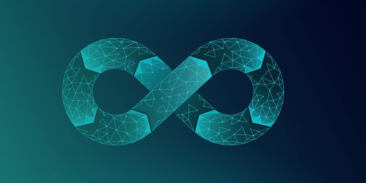 Abstract infinity loop graphic made of digital geometric lines, symbolising lifecycle management and the ongoing importance of EPC accuracy for commercial buildings.