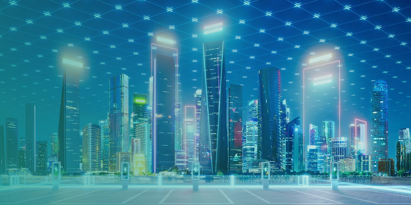 Futuristic smart city skyline representing how the Smart Metering Toolkit for Landlords & Developers future-proofs buildings with data-driven energy solutions.