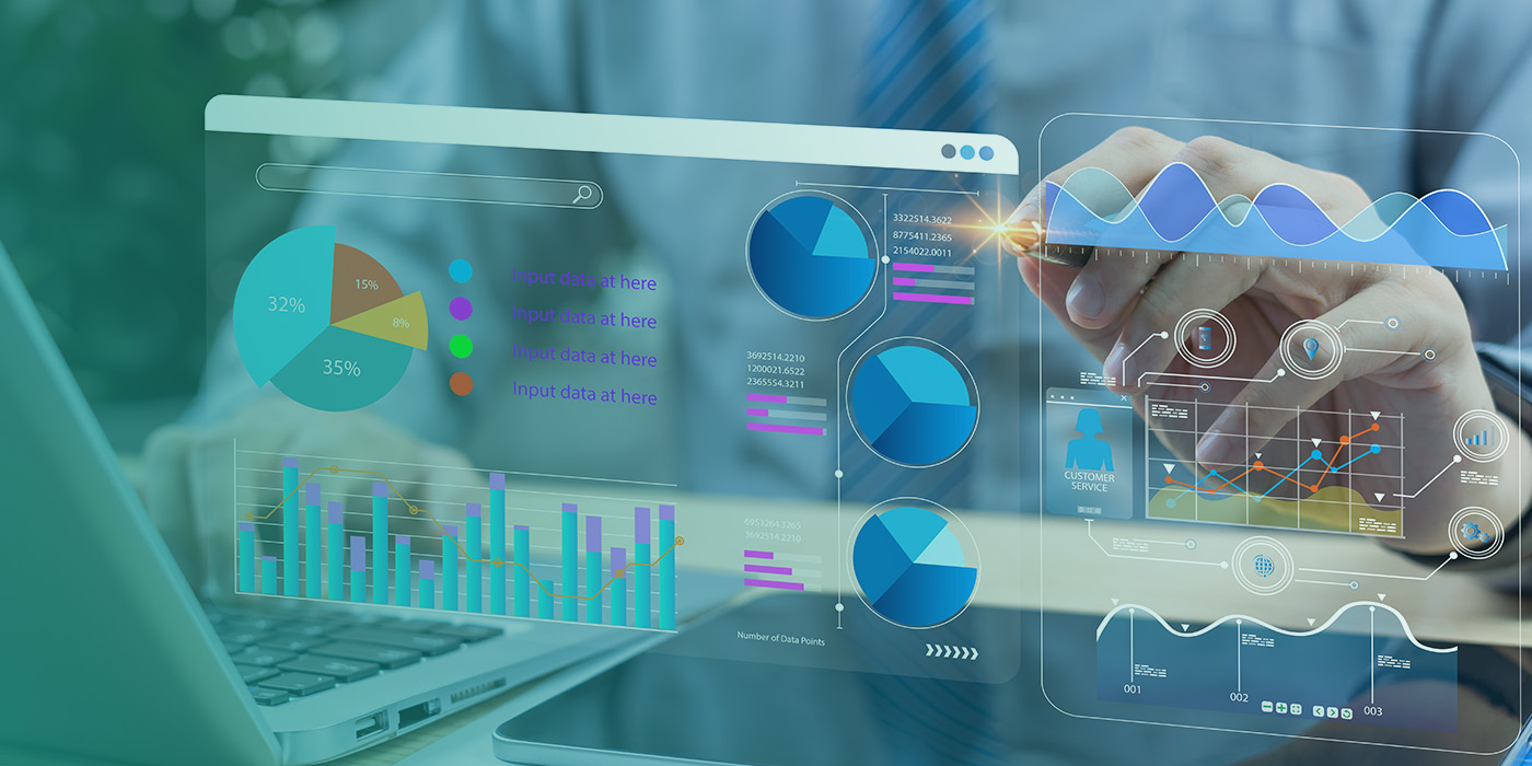 Digital dashboard with charts and graphs being reviewed on a laptop, illustrating how MOP DC DA AMR Contracts influence energy data insights and performance reporting.