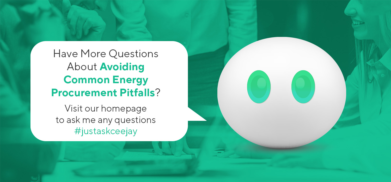 “Chat-style graphic encouraging users to ask questions about avoiding Energy Procurement Mistakes, featuring a speech bubble and character illustration.”