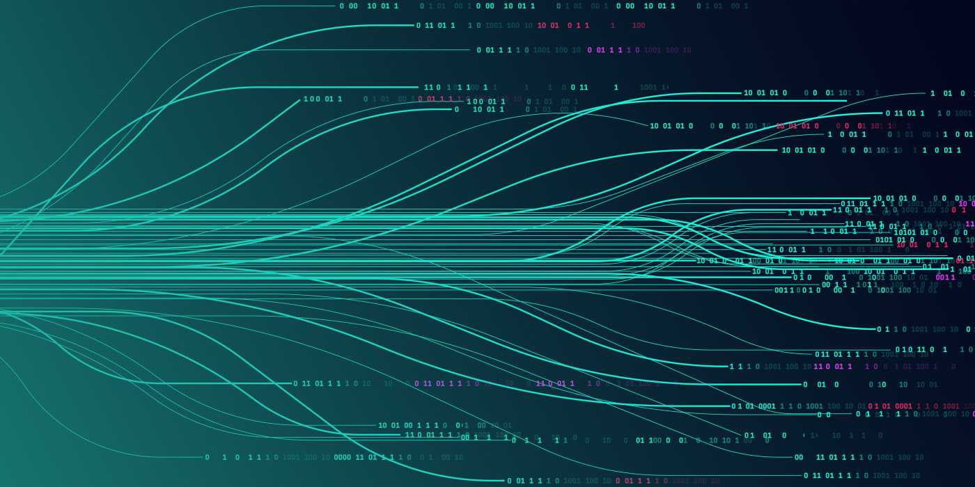 A digital data flow visualisation showing multiple teal data streams merging and diverging, symbolising how Energy Data Accuracy supports reliable analysis and procurement decisions.