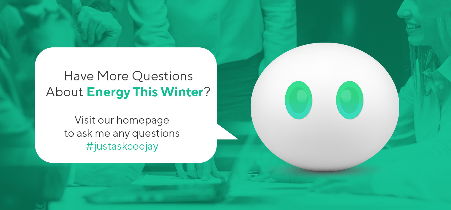 Digital assistant graphic with a speech bubble inviting questions about winter energy concerns, emphasising the importance of Energy Risk Management 2026 for businesses.