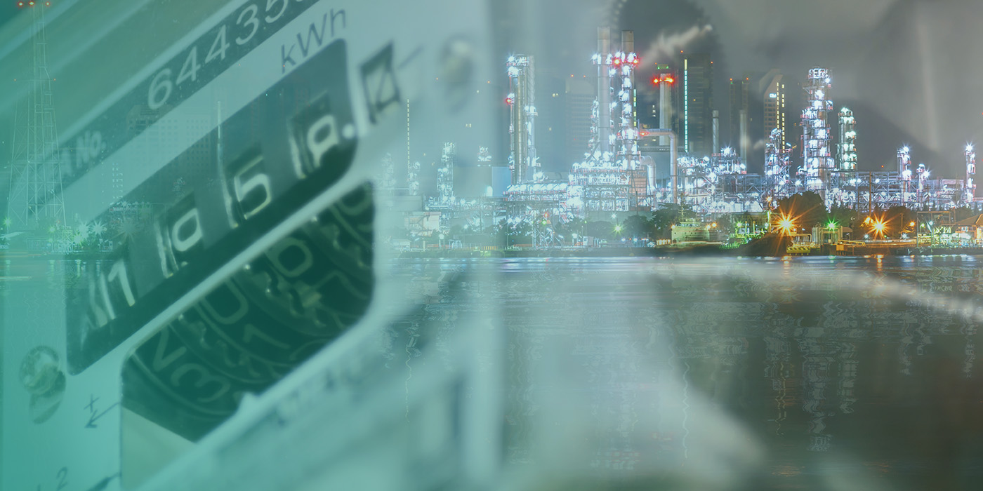 Energy Data Accuracy illustrated through a blended image of industrial energy infrastructure and a close-up utility meter to highlight the importance of precise consumption data.
