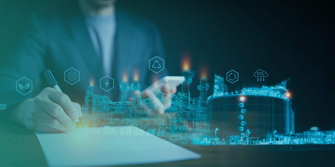 Business professional reviewing documents with a digital overlay of industrial energy infrastructure, symbolising strategic planning and Energy Risk Management 2026.
