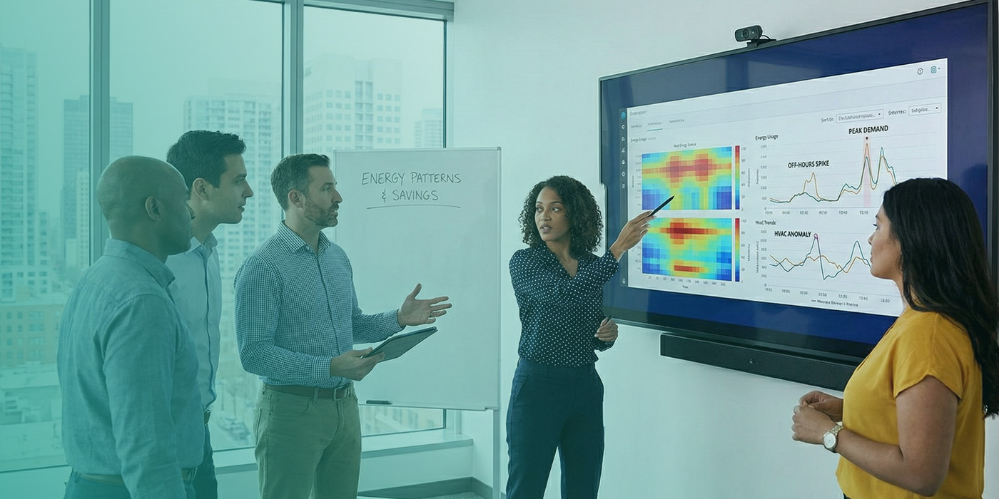Team reviewing energy dashboards and performance data to reduce energy bills through energy monitoring in a commercial building.