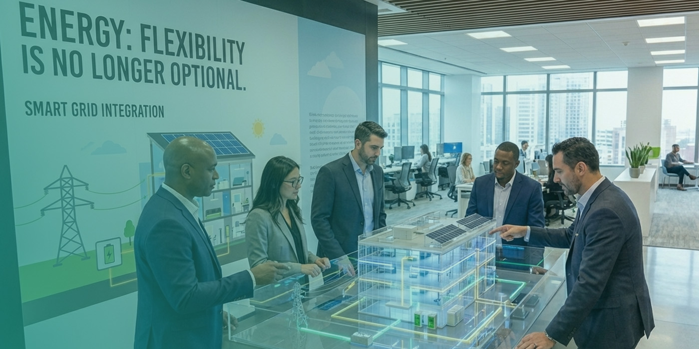 Business leaders reviewing smart grid and flexibility solutions, illustrating Energy procurement in 2026 for large users where flexibility is no longer optional.