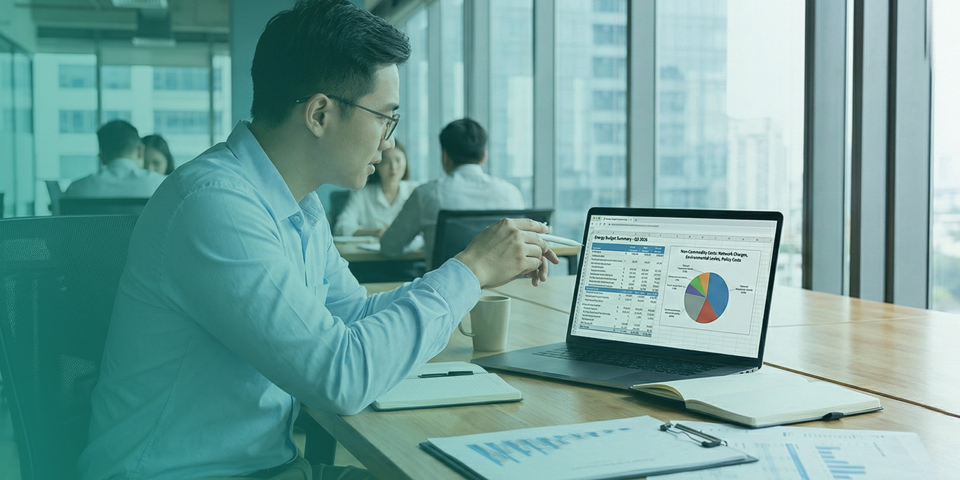 Energy manager reviewing supplier data on a laptop to assess energy procurement contract risks 2026.