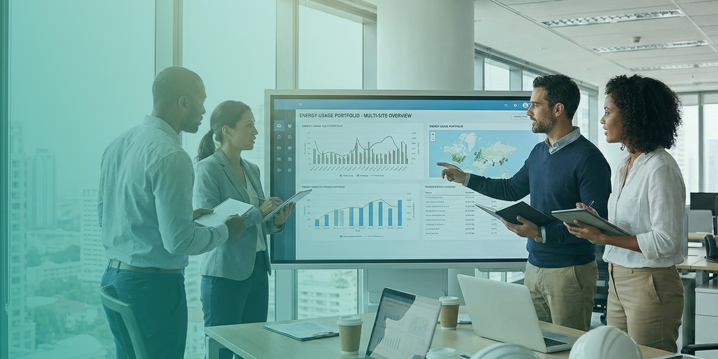 Team reviewing multi site energy performance dashboard to refine sustainable energy procurement strategies 2026 across a portfolio.