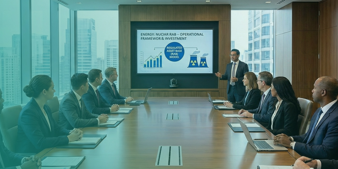 Executive boardroom presentation explaining nuclear RAB investment as part of Energy procurement in 2026 for large users, with stakeholders reviewing regulatory and cost impacts.