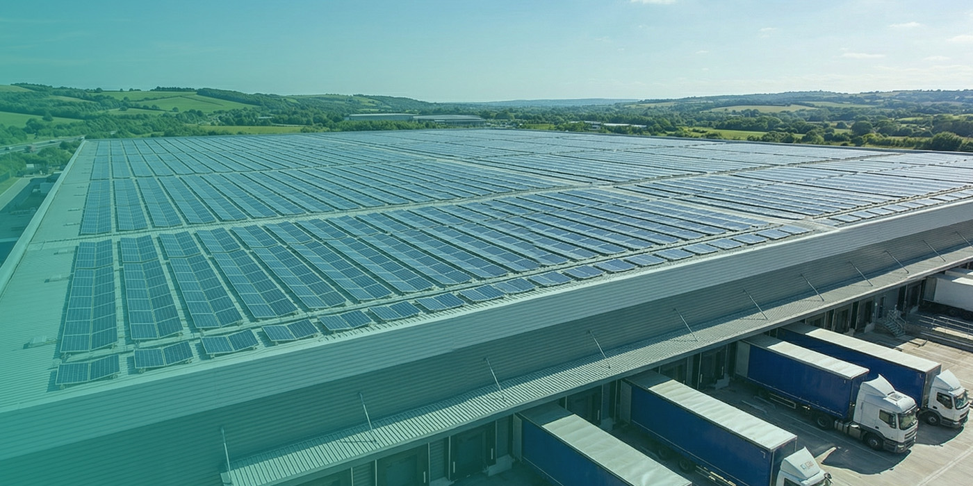 Large warehouse roof covered in solar panels demonstrating on site generation within sustainable energy procurement strategies 2026.