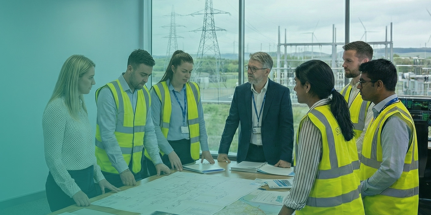 Energy infrastructure and engineering teams reviewing network plans as part of Energy procurement in 2026 for large users, with grid assets visible through control room windows.