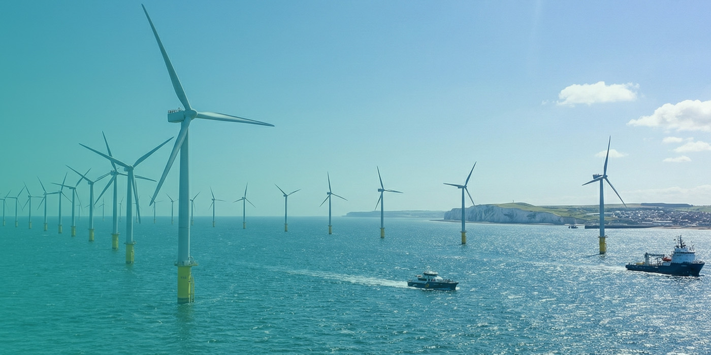 Offshore wind farm with multiple turbines at sea representing large scale renewable assets within sustainable energy procurement strategies 2026.