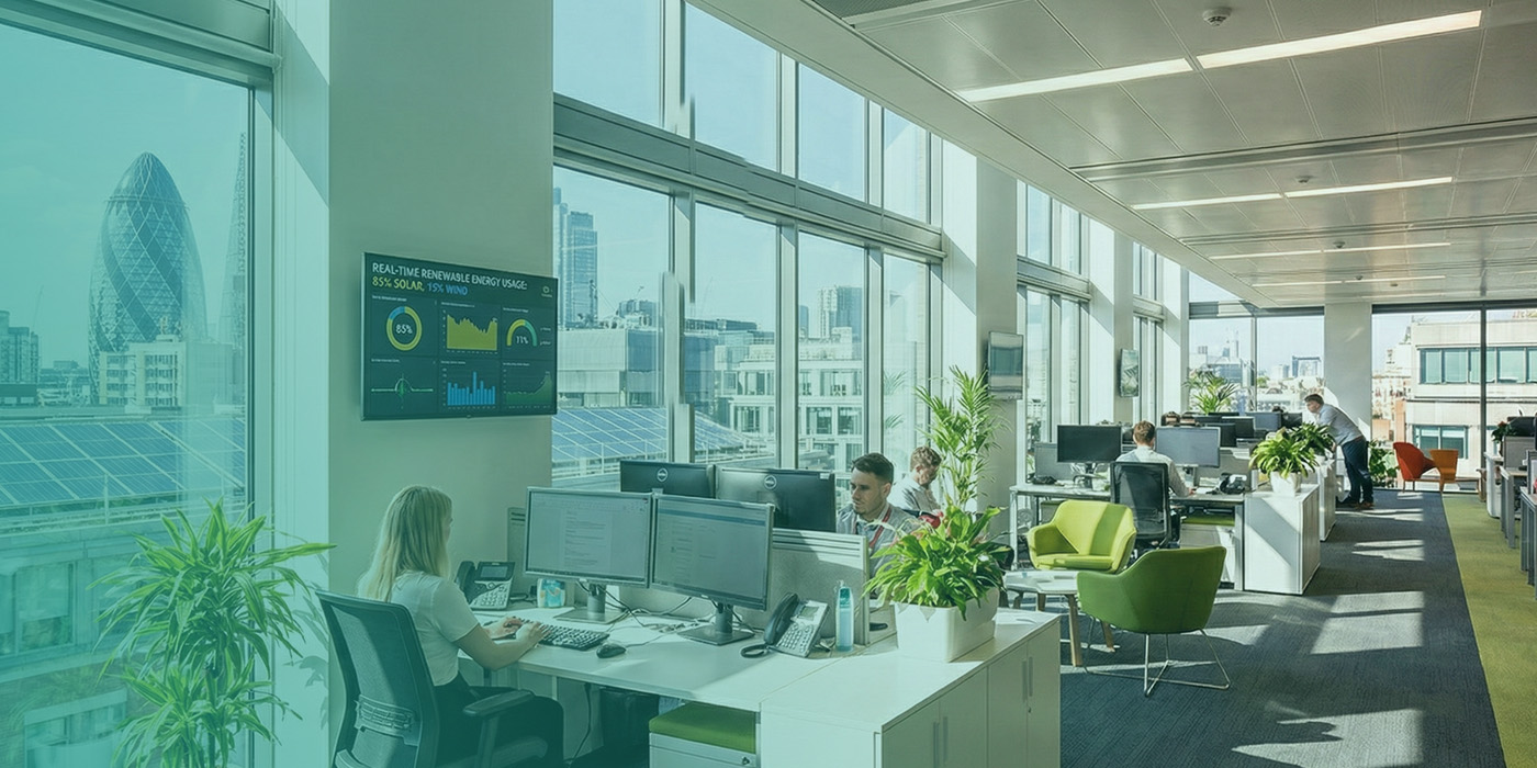 Modern office interior with energy dashboard displaying renewable usage data, supporting sustainable energy procurement strategies 2026.