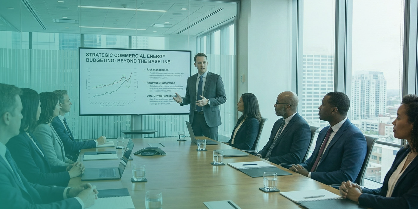 Executive team reviewing strategic commercial energy budgeting as Non-commodity energy costs 2026 reshape forecasting and financial planning.