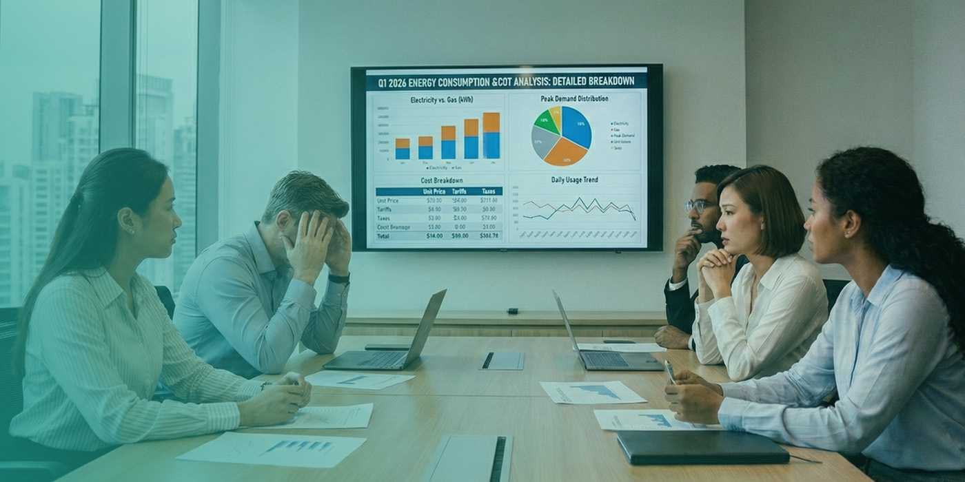 Senior leadership team reviewing energy cost dashboards, highlighting the impact of Non-commodity energy costs 2026 on organisational budgets.
